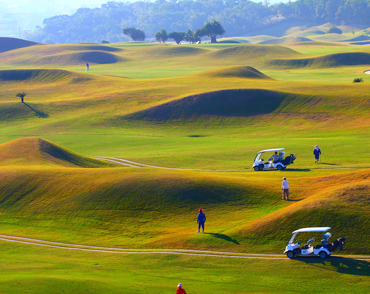 넓은 초록색 잔디 골프장에서 사람들이 골프를 즐기고 있으며, 골프 카트 두 대가 잔디 사이 도로에 서 있다.
